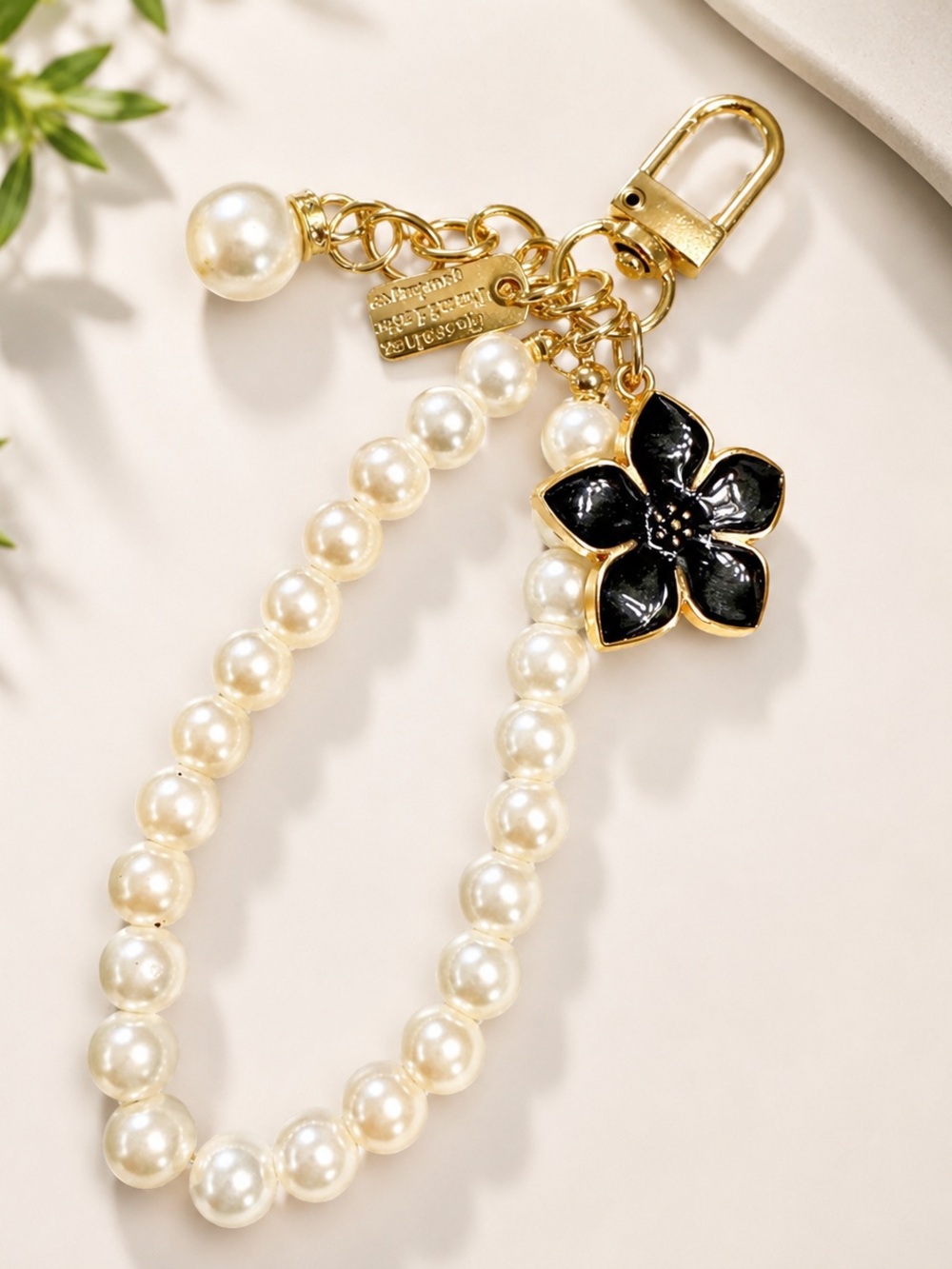 Bag Charm Pearl Beads with Enamel Black Flower Accent